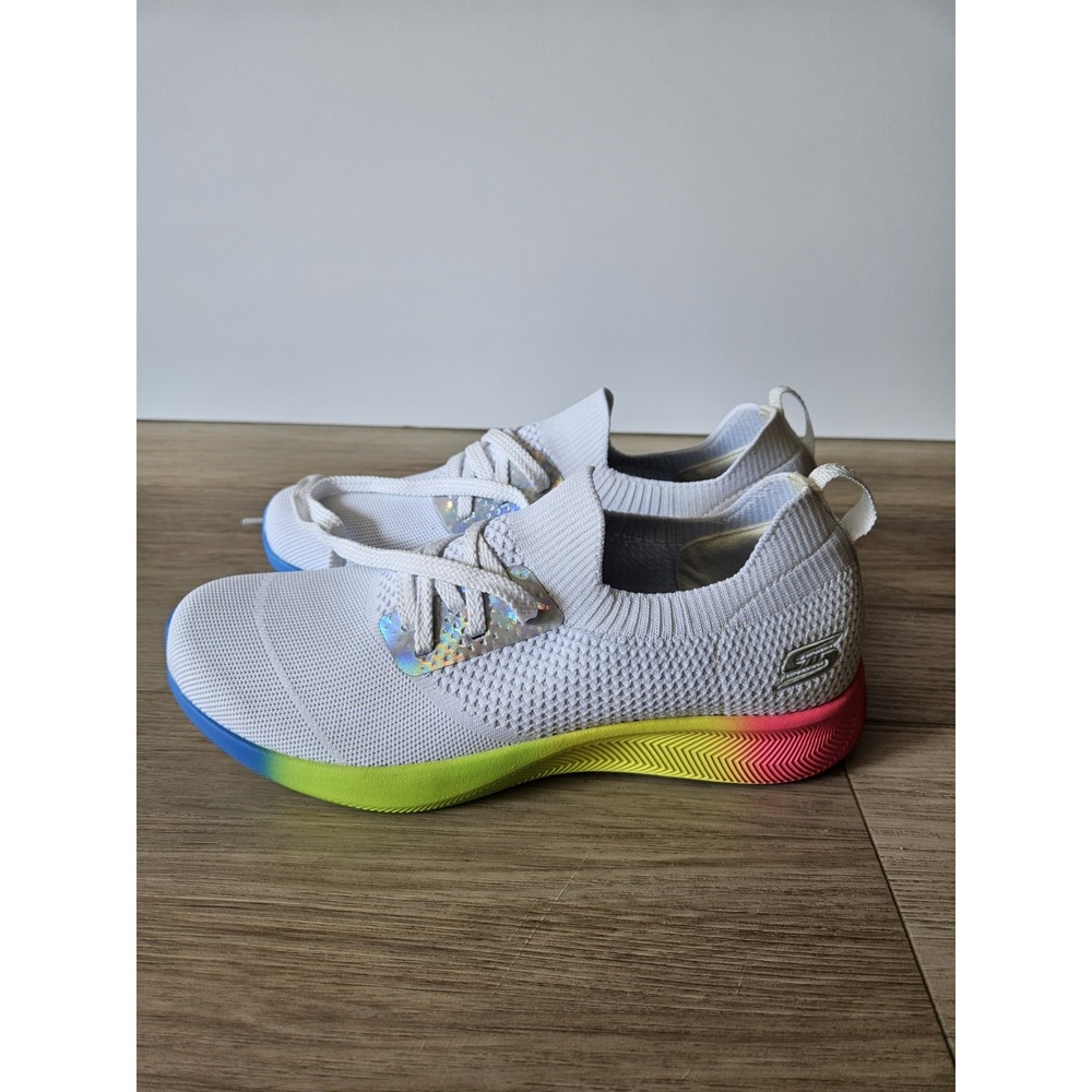 Skechers Womens Bobs Memory Foam Slip On Sneakers White Neon Rainbow Sole 32812